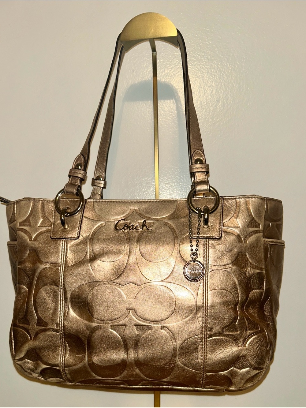 Coach Metallic Gold Signature Embossed Leather East West Gallery Tote. Vintage
